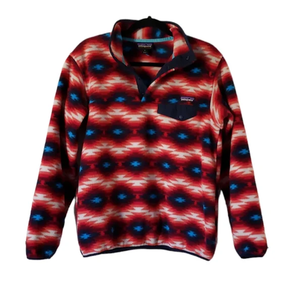 Patagonia Women’s Wild Desert Synchilla Snap T Fleece Pullover Red Aztec Print M - Picture 3 of 16